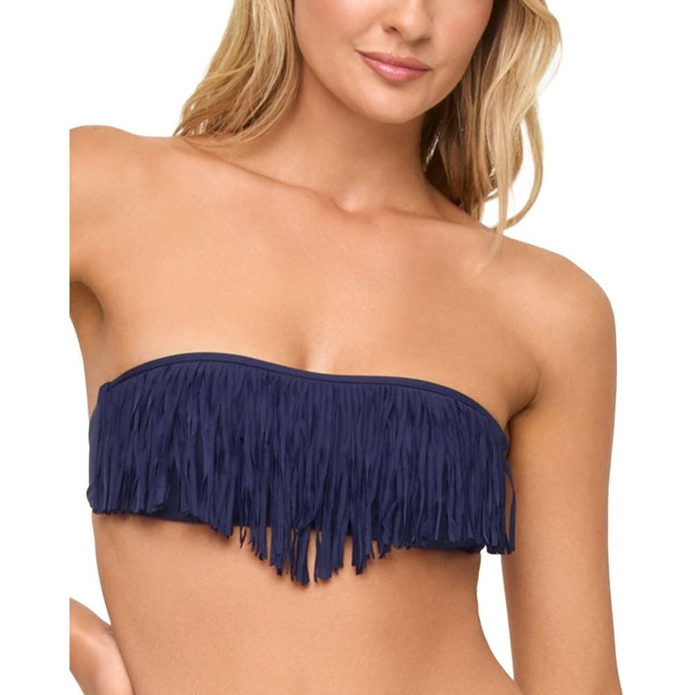 L Space Dixie Bikini Top Womens Small Navy Fringe Detail Strapless Bandeau